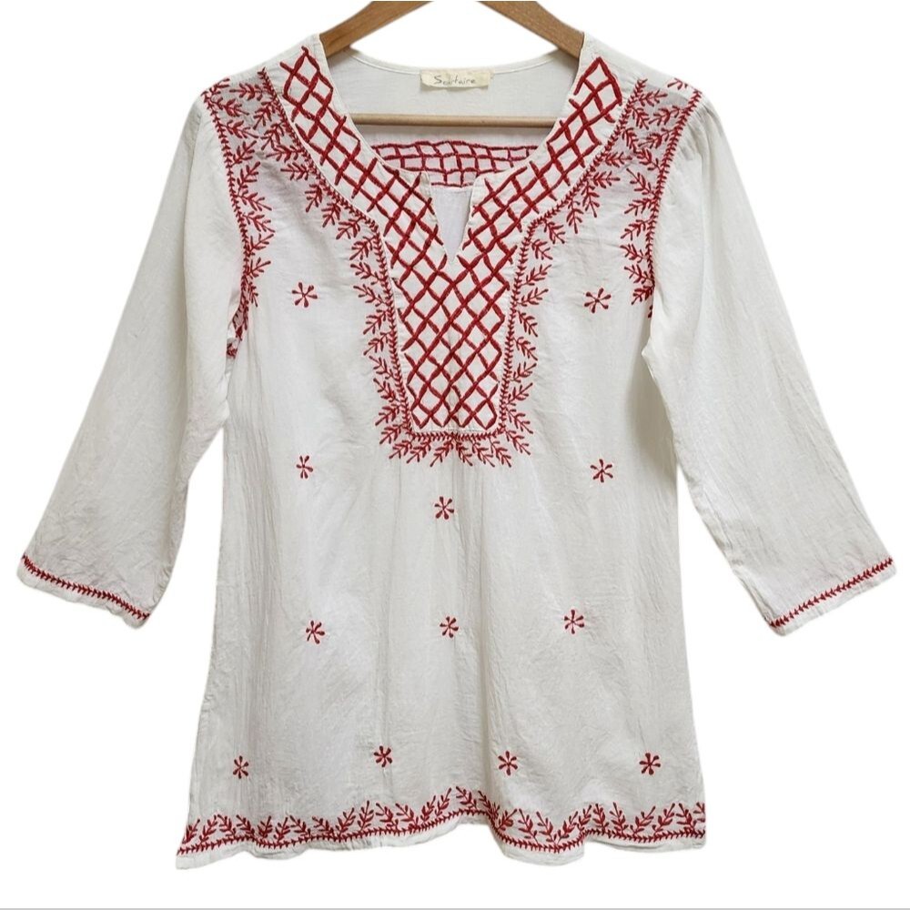Solitaire Tunic Top Women M White Red Cotton Embroidered V Neck Gauzy Boho Beach